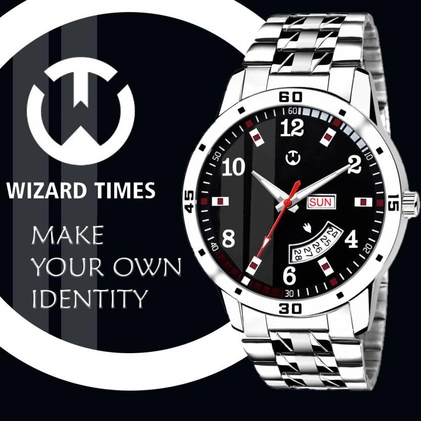 Image of Men's Analog wristwatch, Silver Stainless Steel Strap Blue Day & Date Dial, Water Resistant, Formal & Casual Wear, Gift Watch for Men