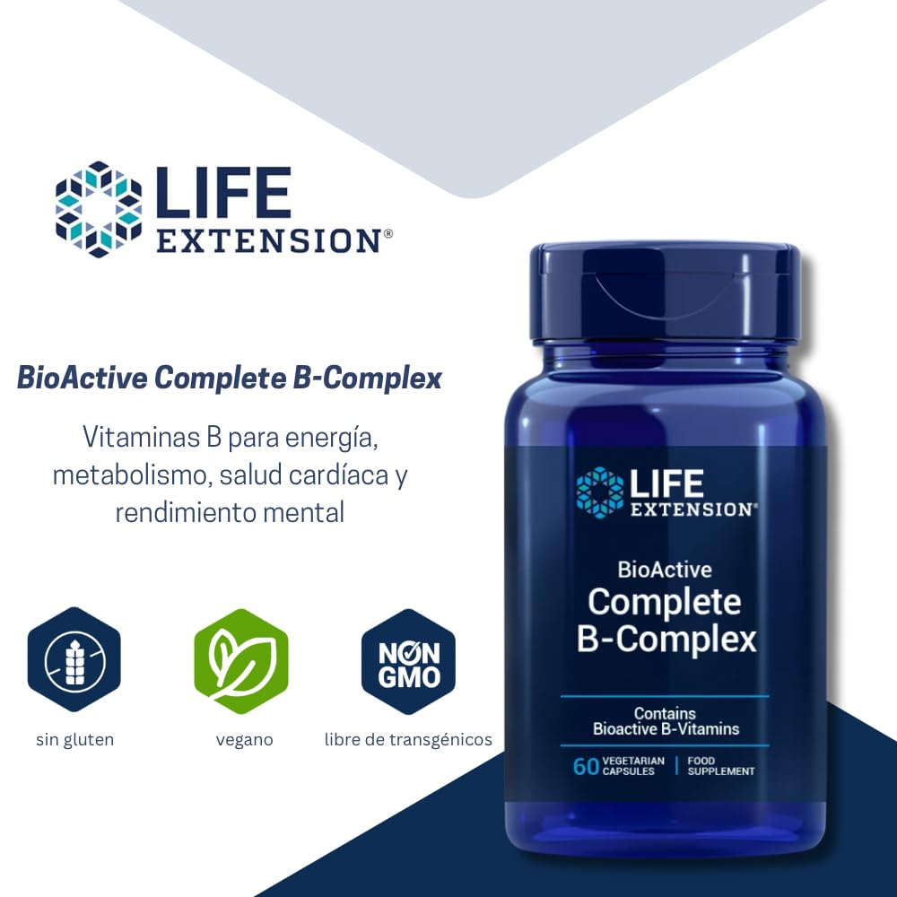 Life Extension - BioActive Complete B-Complex 60 Cápsulas - Complejo de Vitaminas B de Espectro Completo para Energía y Metabolismo, Salud Cerebral y Celular