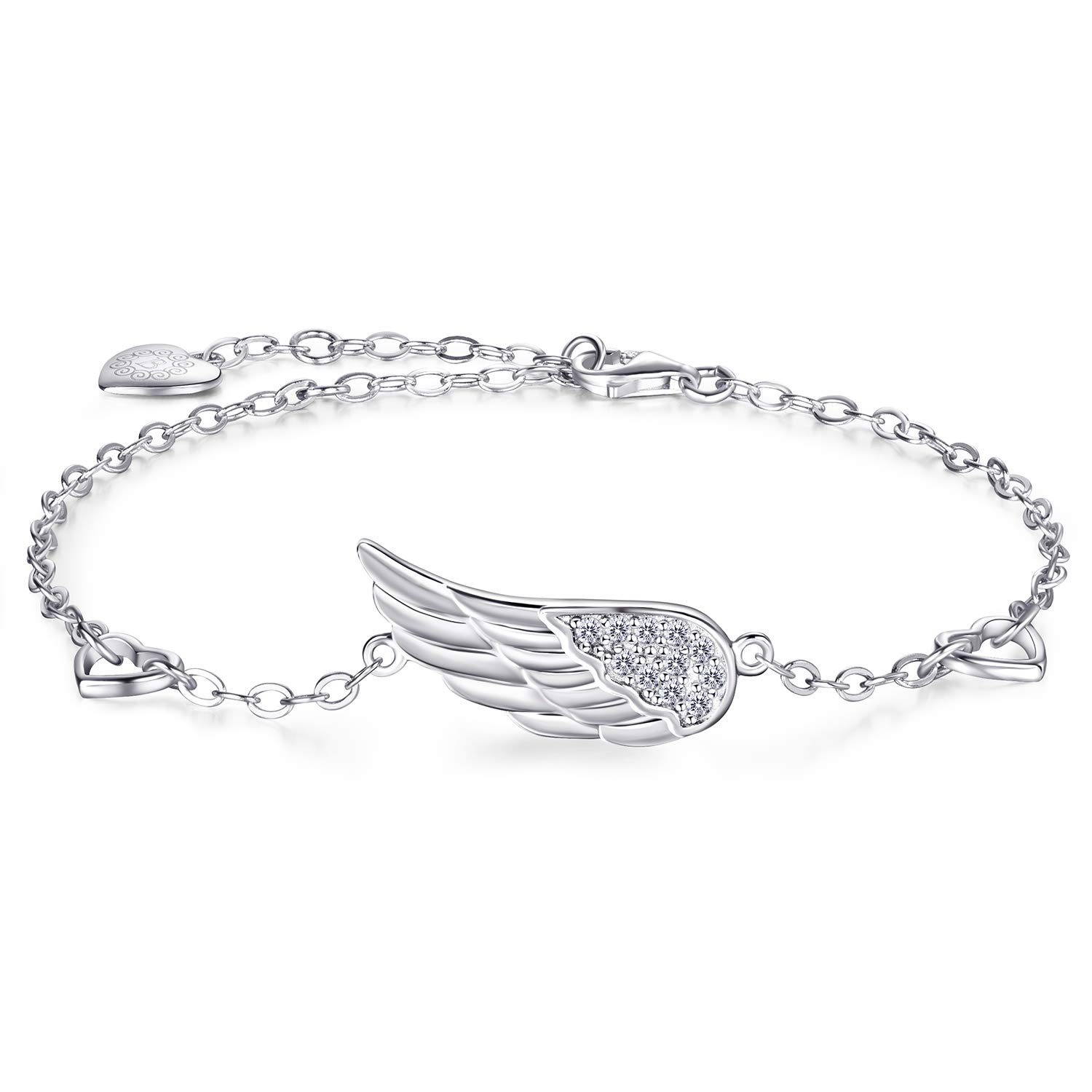 Billie BijouxWomen Silver Angel Wings Bracelet 925 Sterling Silver Adjustable Chain Diamond White Gold Plated Bracelet Mother's Day Gift for Women Girls