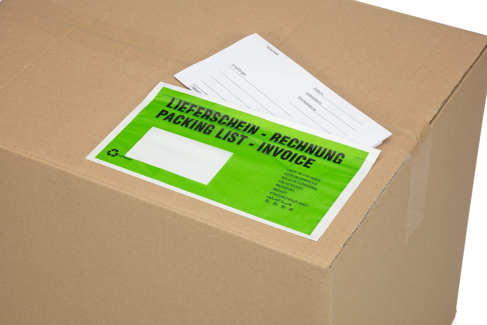 KK Verpackungen Lieferscheintaschen 240 x 135 mm | 250 Stück, Pergamin Papier 22 g/m² | DIN Lang selbstklebend | 9 Sprachen Aufdruck