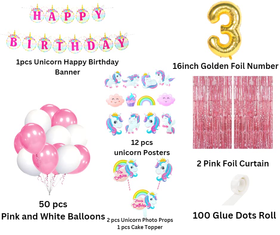 Image of Flyloons 3rd unicorn theme birthday decorations kit for girls with Unicorn Happy birthday Banner, Pink White Balloons, Pink Foil Curtain,Unicorn photo props,Posters,Cake Topper,Foil Balloon number 3