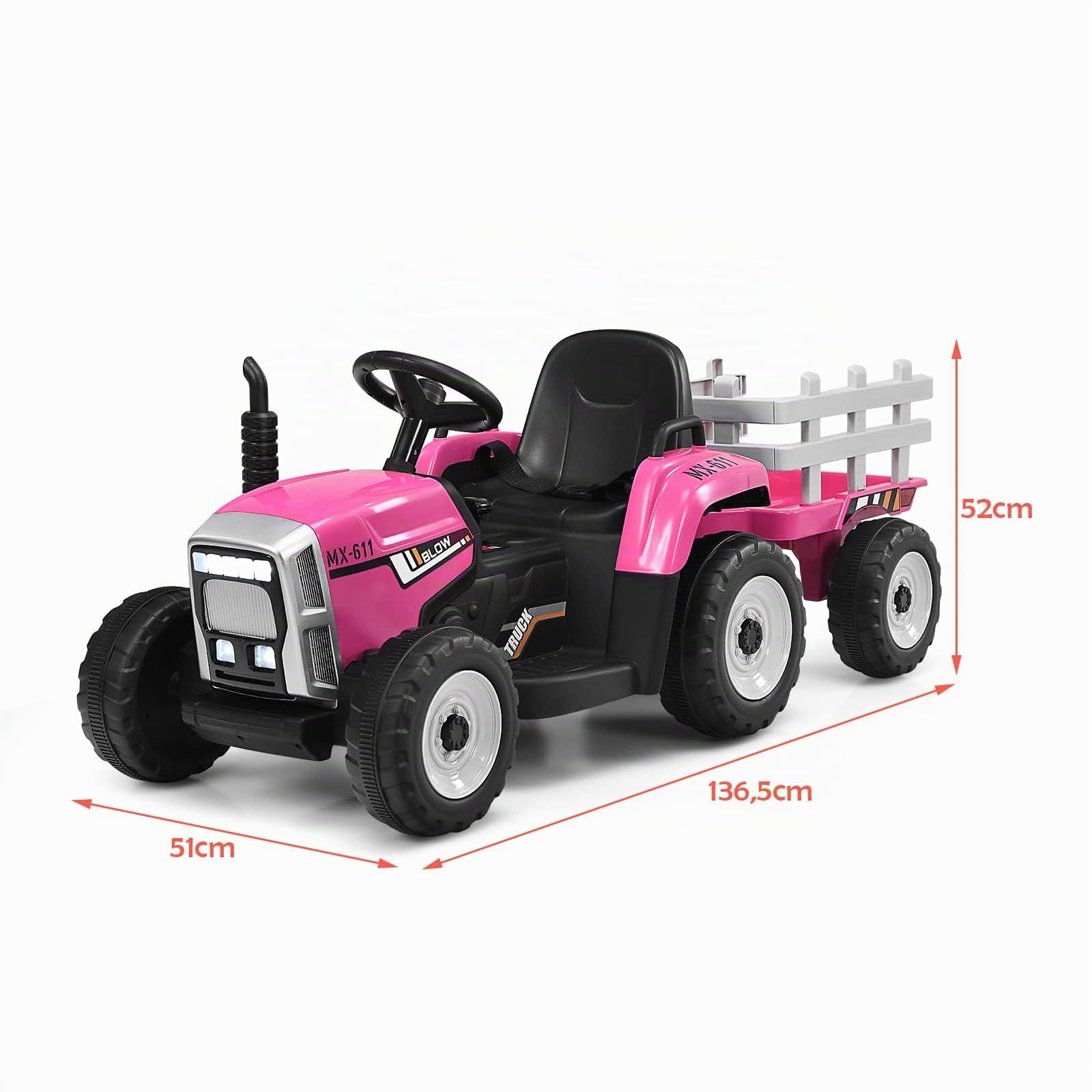 GOPLUS Tracteur Electrique Enfants avec Remorque 12V, Phare à LED et Musique, Voiture Electrique Enfants avec Télécommande Parental pour Enfants 3 Ans+, Charge Max 30KG(Rose)