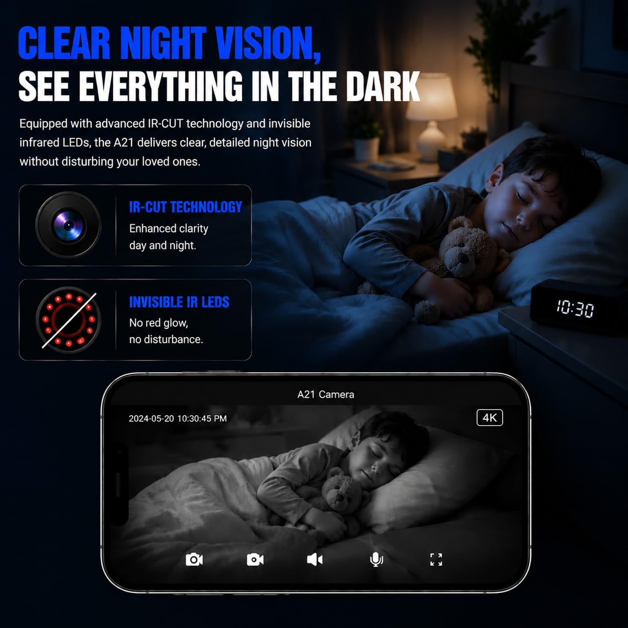 A21 4K Indoor Security Camera, Smart Clock Hidden Camera with 150° Wide Angle, 5G WiFi Remote Monitoring for Baby, Pet & Home Security, Motion Alerts, IR Night Vision, Local Storage up to 256GB