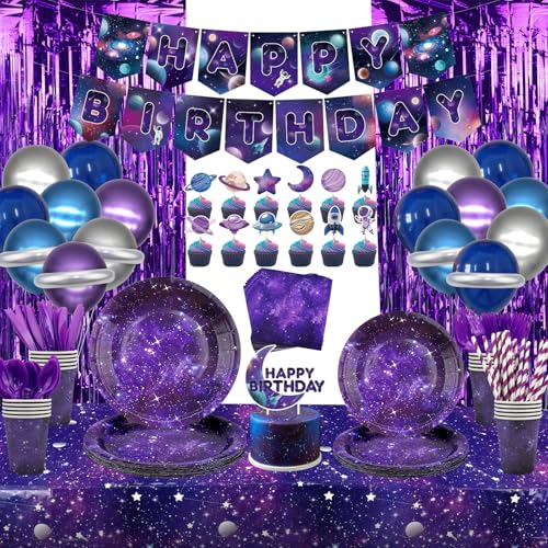 Galaxy Theme Party Decorations Space Galaxy Happy Birthday Banner Balloons Tablecloth Cupcake Toppers Foil Curtains Plates Cups Napkins Galaxy Outer Space Birthday Party Supplies Serves 20