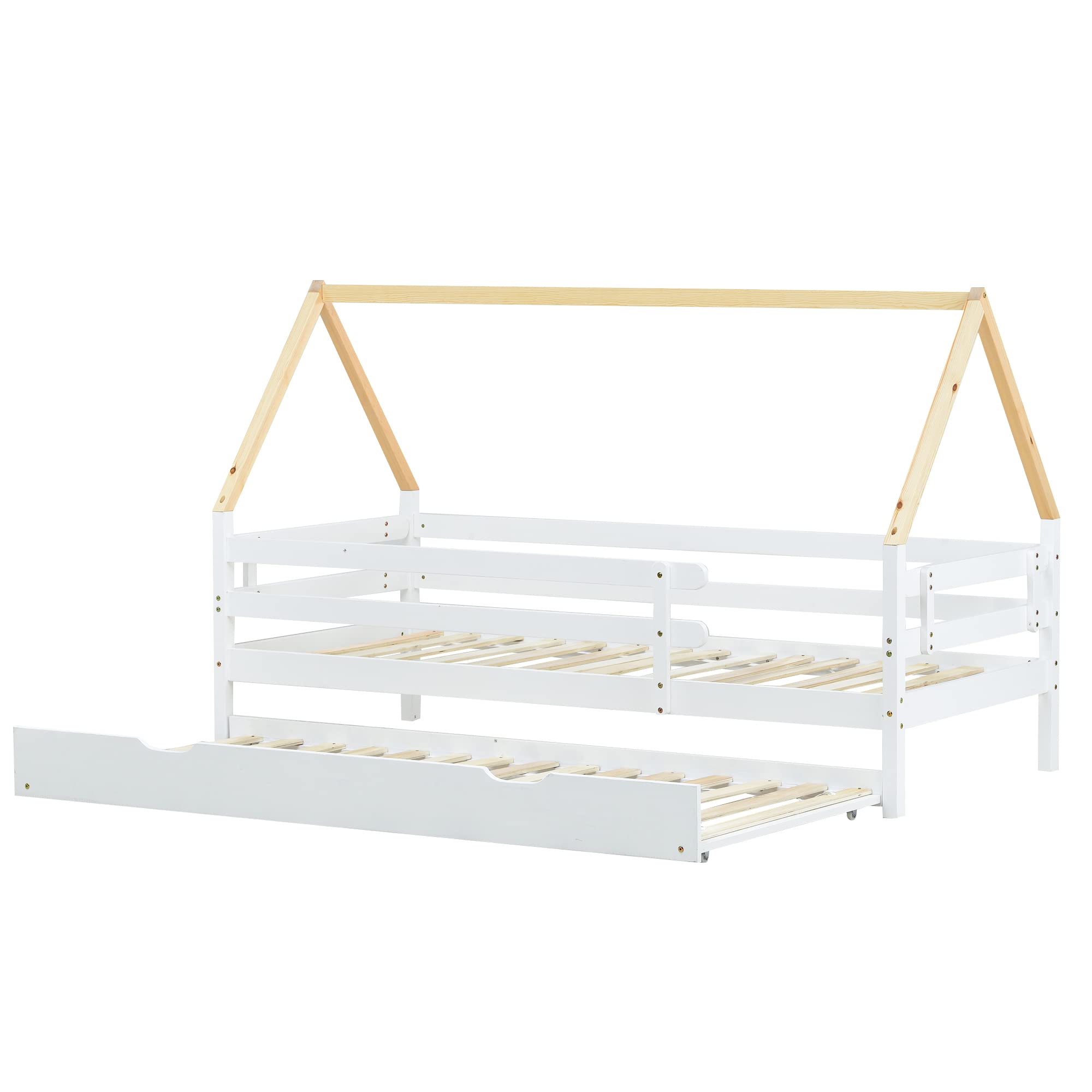 Letto per casa sull'albero, letto singolo, letto per bambini, letto estraibile con ruote inferiori, in legno massello, letto bianco, sedia sottotetto colore naturale (90 x 200 + 90 x 190 cm)