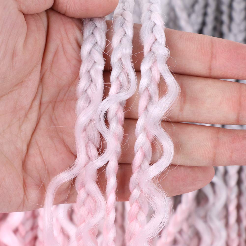 22 Inch Ombre Boho Box Braids Pre Looped Goddess Crochet Braids with Curly Ends 3 Packs Bohemian Braiding Hair Extensions for Women (Grey-Pink) - Image 3