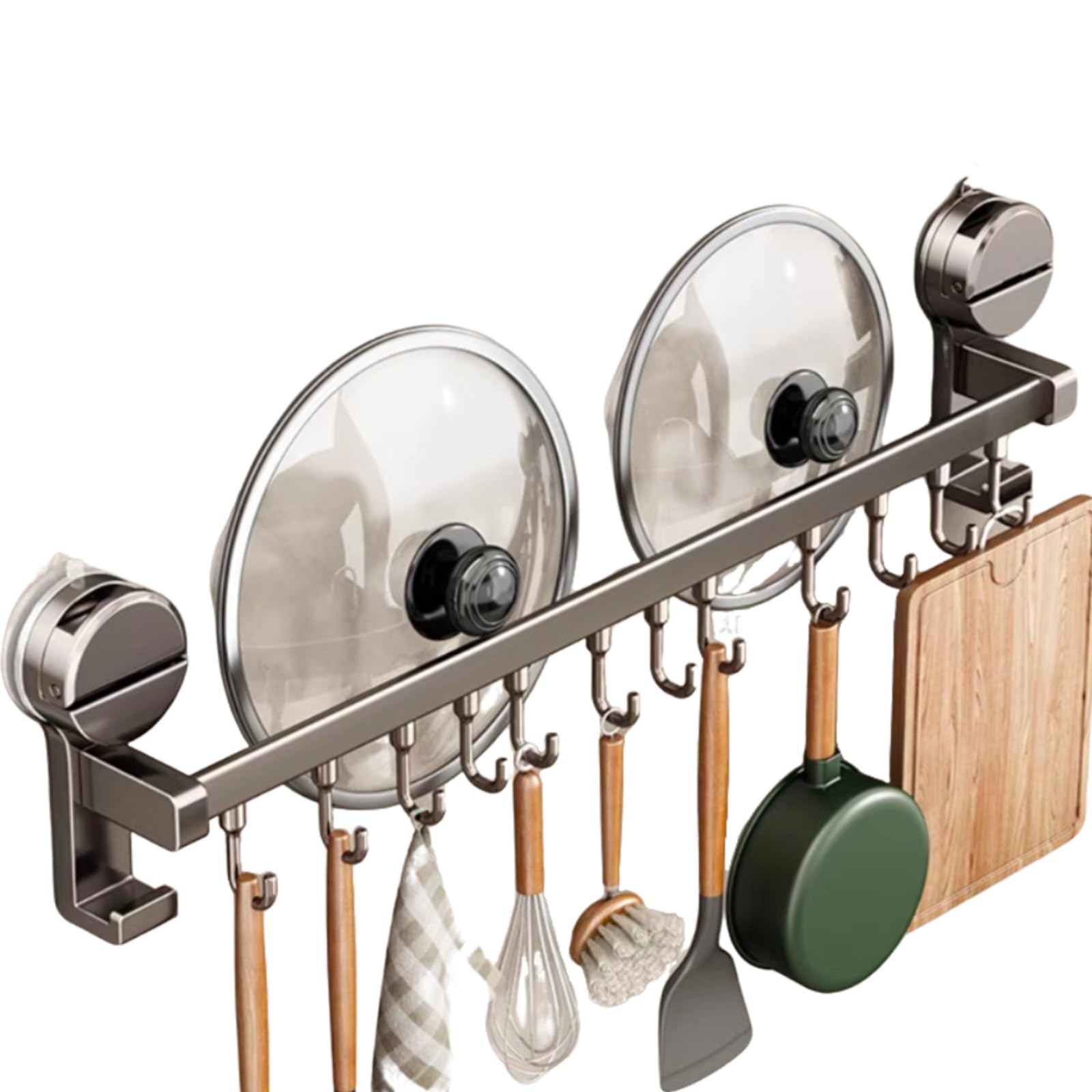 Ganchos de cocina autoadhesivos, no requiere taladrar, color negro, para colgar en la pared, para ollas y cuchillos, 40 cm con 8 ganchos (12 ganchos de 60 cm)