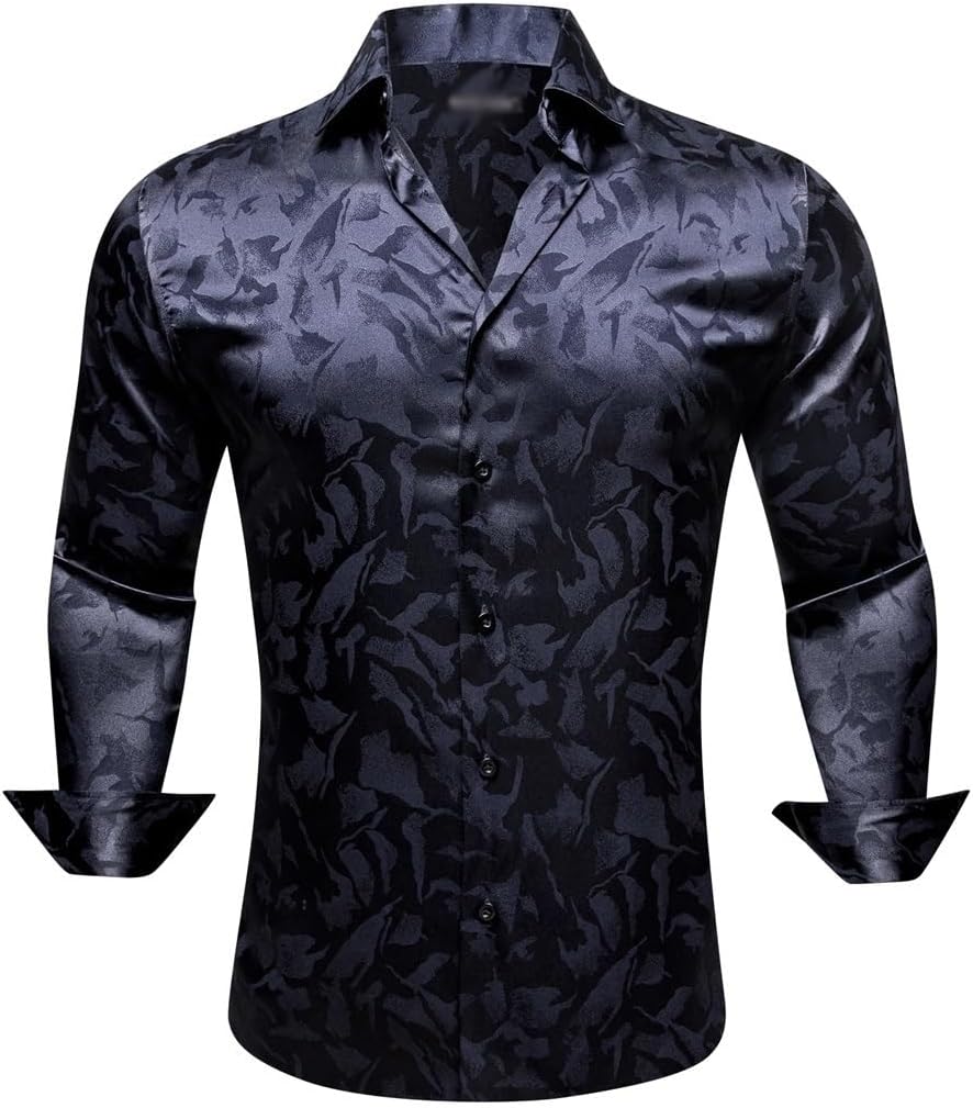 Men Silk Satin Embroidered Long Sleeve Flower Male Blouses Casual Lapel Tops Breathable