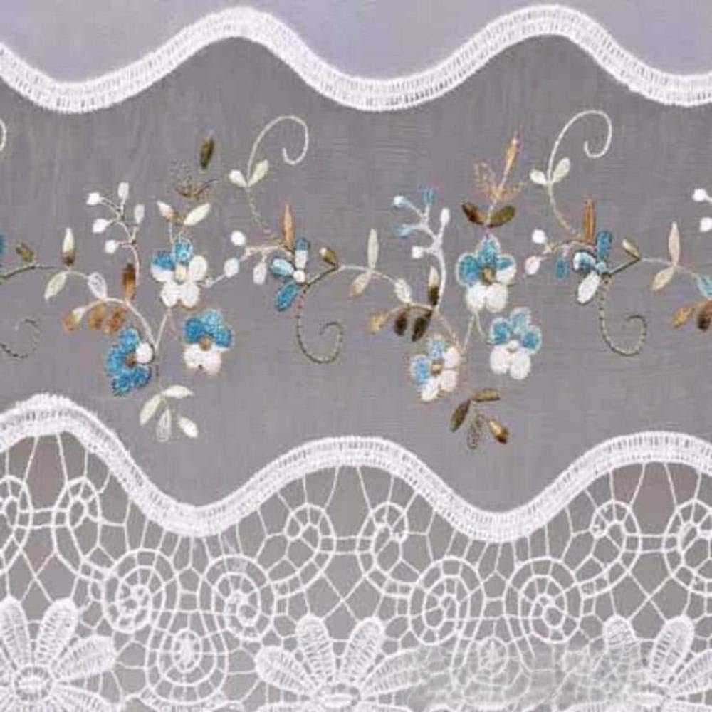 Vintage Sheer Embroidered Organza Collection with Macrame Trim (White/Blue, 58W x 38L Swag Valance)