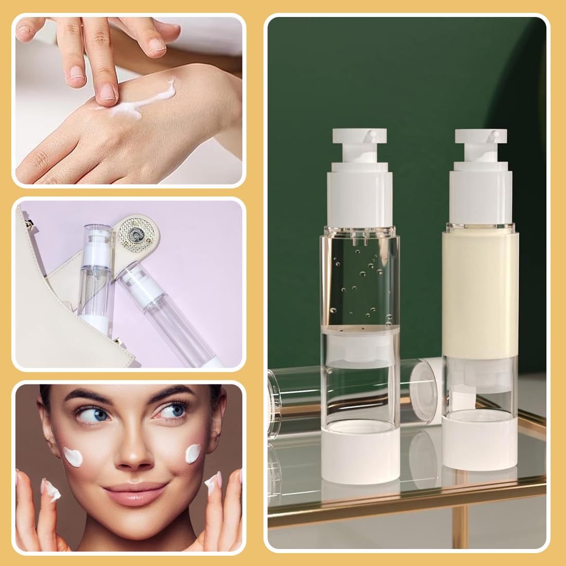 4 dispenser per crema, 5ml, 10 ml, 30 ml, 50 ml, senza senz'aria, Flaconi da Viaggio Trasparente, Airless Contenitore Crema Pump, Dispenser Cosmetico da Riempire, per Lozione, Fondotinta