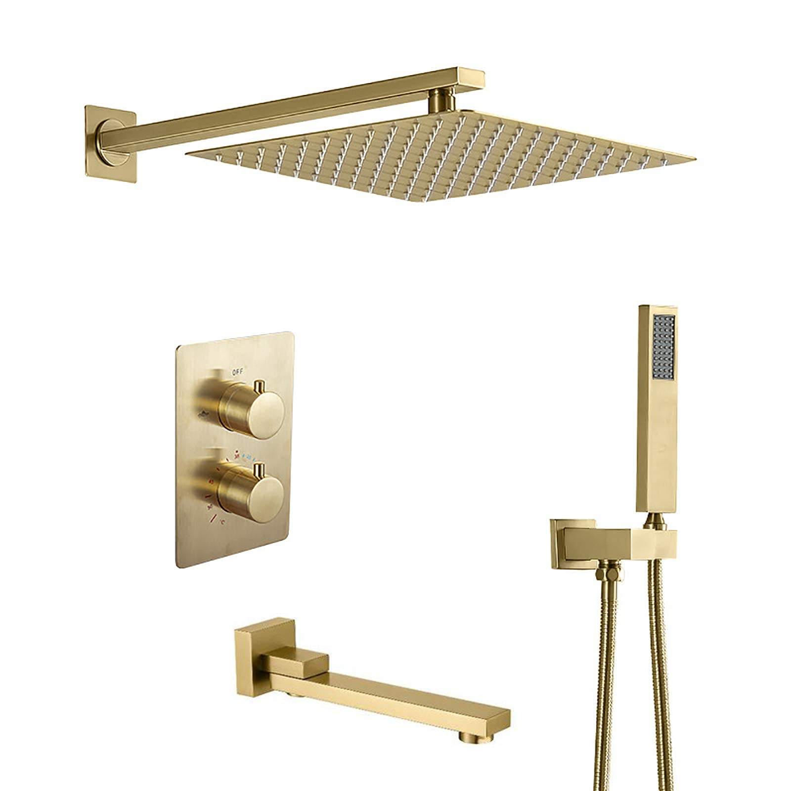 NGDFGR Shower Kits, Thermostatic Shower Combo Set Wall Mounted Brushed Gold Bathroom Shower Faucet Set With 12 Ines Stainless Steel Shower Head, Handheld Shower, Tub Spout