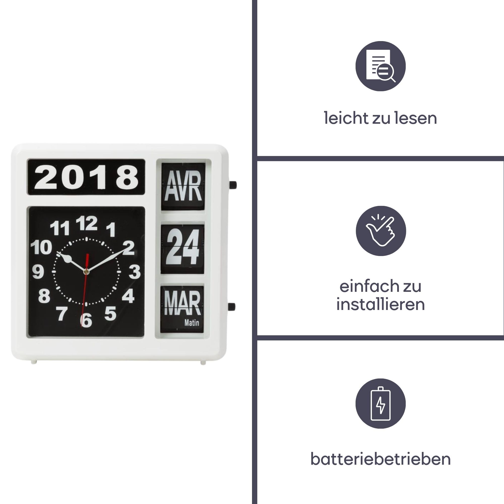Perel Quadratische Uhr mit Flip-Over-Kalender, ideal für Sehbehinderte und Personen mit Alzheimer oder Demenz, analog, 31 x 31 cm, weiß/schwarz, französische Version