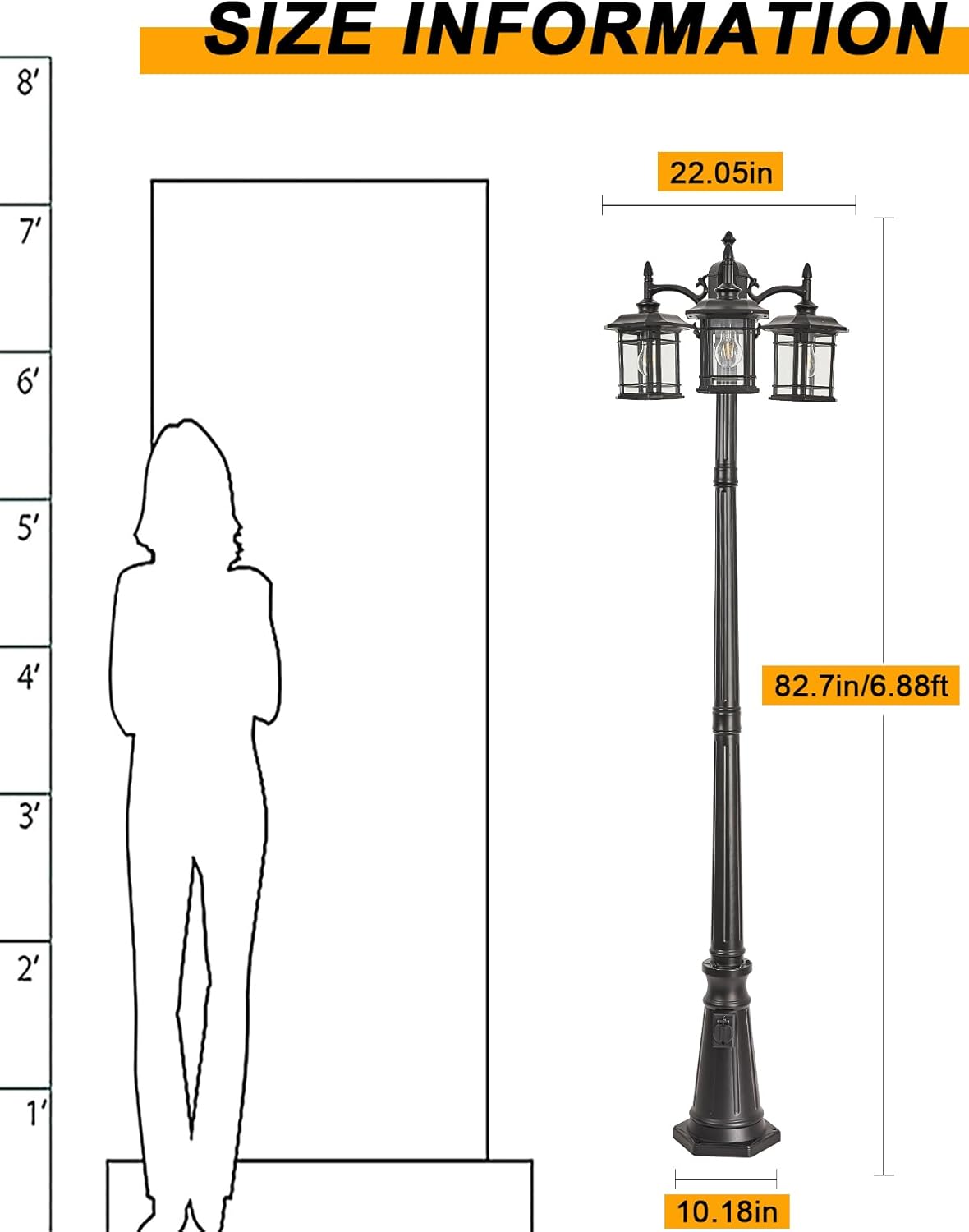 Dusk to Dawn Sensor Outdoor Post Light 82.7" H 3-Headed Post Lamp with Outlet E26 Pole Street Lantern 3 Light Outdoor Lamp Post Lights IP65 Waterproof Outdoor Street Light for Pole Garden