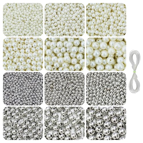 Image of 1800 Pcs Off White & 1800 Pcs Silver Beads for Bracelets Making - Beads for Jewellery Making Kit, Beading, Bead Craft, Pearls for Craft, Crafting, Beadwork - 4, 5, 6, 8, 10, 12MM - 360g