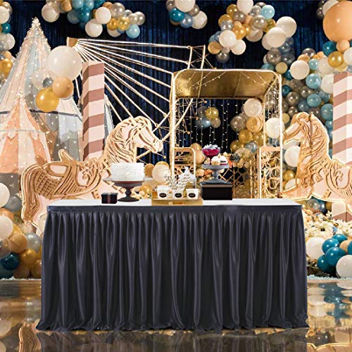 9ft Black Table Skirts for Rectangle Tables Polyester Table Skirt with Velcro Desk Skirts Ruffle Tablecloth Skirt for Birthday Party Banquet Black Theme Party Wedding Bridal Shower Table Decorations - Thumbnail 2