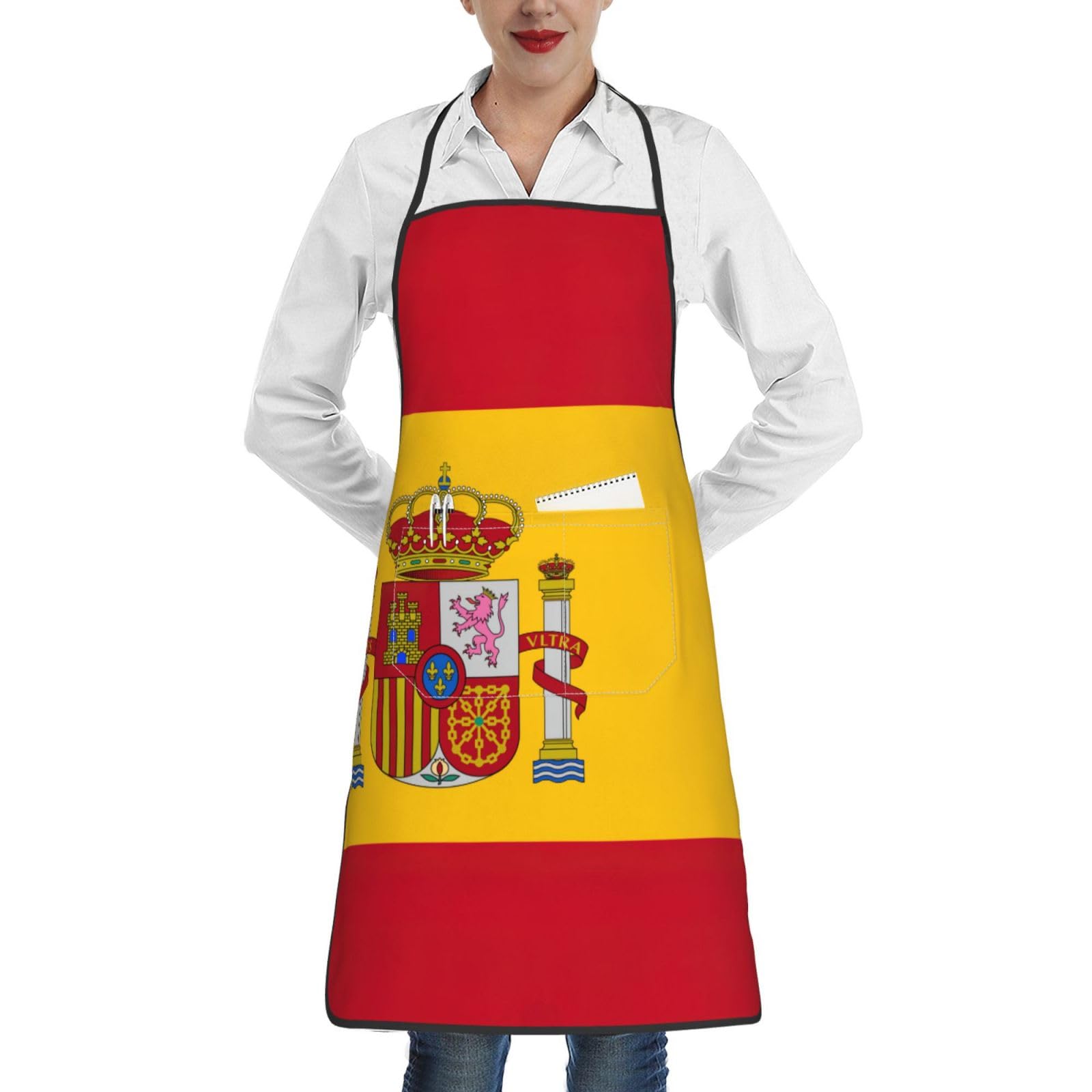 Edwal Unisex White Spanish Flag Print Kitchen Aprons, Apron For Cooking With Pocket, Chef Aprons For Men Women