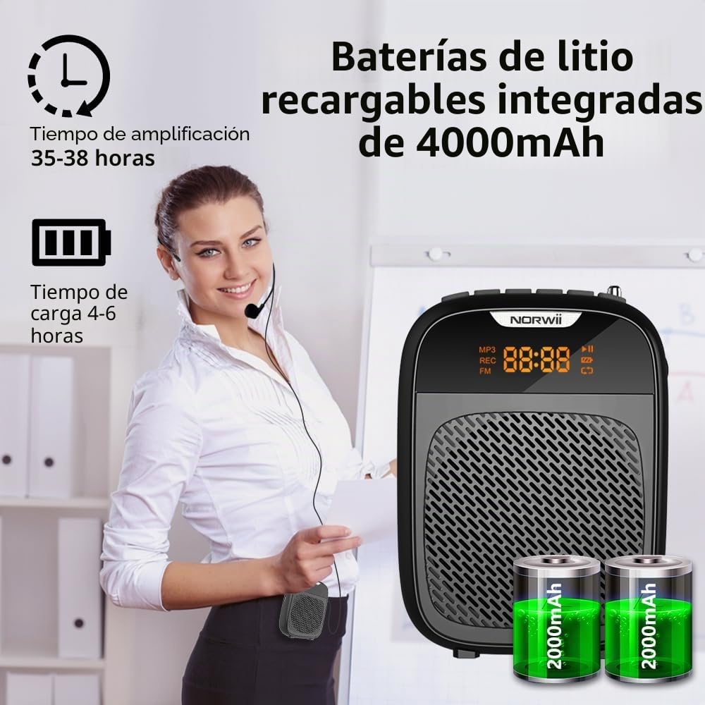 Norwii Mini Amplificador de Voz portátil Recargable con Bluetooth de 4000 mAh con micrófono con Cable, Amplificador de Voz Personal para Profesores, guías turísticos, PA amplificadores de Potencia