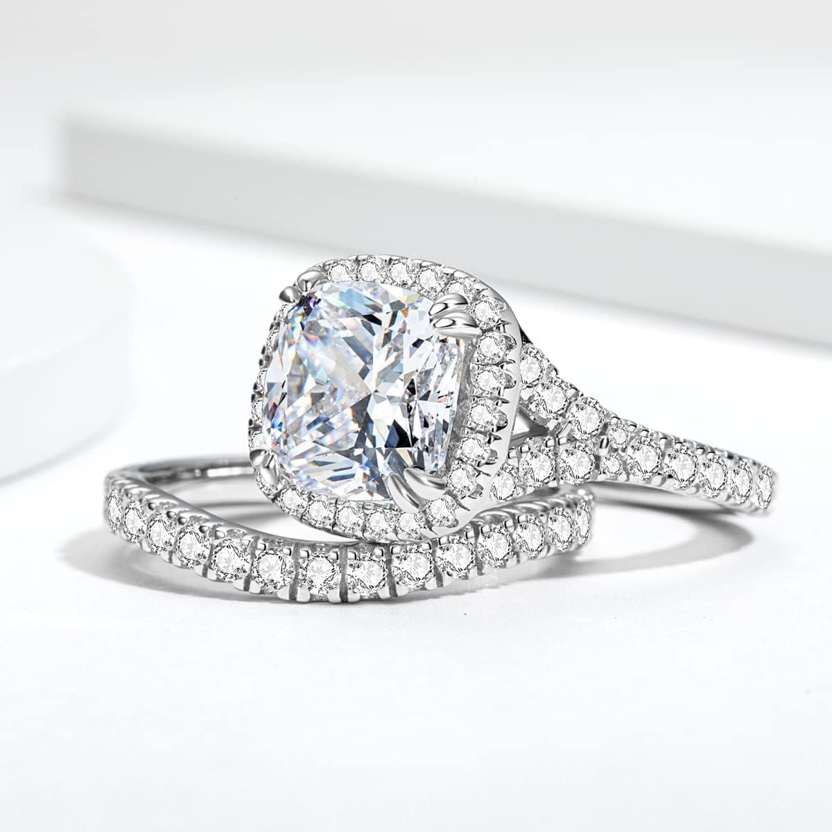 Bo.Dream Split Shank Wedding Rings Sets for Women Cushion/Radiant Cut Cubic Zirconia 925 Sterling Silver - Image 4