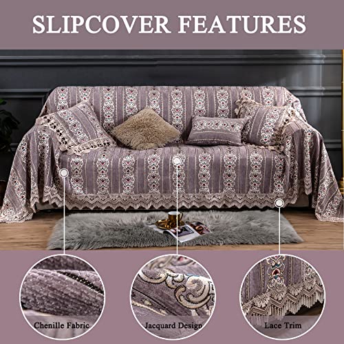 Dreamingo Purple Jacquard Couch Cover Boho Sofa Covers Loveseat Couch Cover Furniture Protector For Dogs, Universal Chenille Sectional Couch Covers L Shape Luxury For Living Room With Lace, 71X118In #TOP3