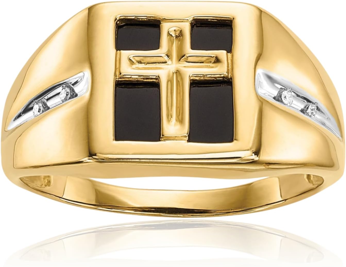 IceCarats 14K Solid Yellow Gold Black Onyx Diamond Accent Cross Signet Ring Prong Set, Polished