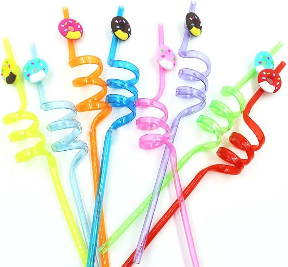 Reusable Animal Straws Curved Plastic Silicone Drinking Straws Leopard Dog Cat Lion Giraffe Party Supplies Party Decorations for Children (Donut, 8PCS)