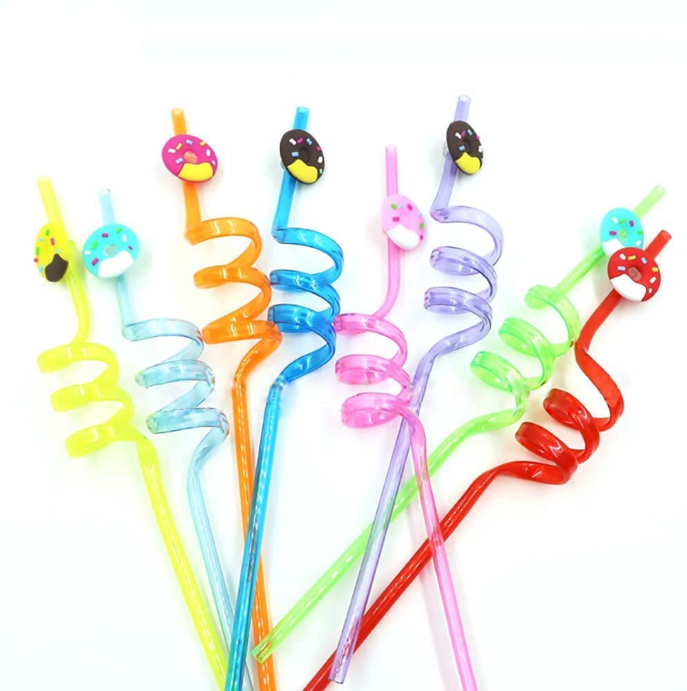 Reusable Animal Straws Curved Plastic Silicone Drinking Straws Leopard Dog Cat Lion Giraffe Party Supplies Party Decorations for Children (Donut, 8PCS)