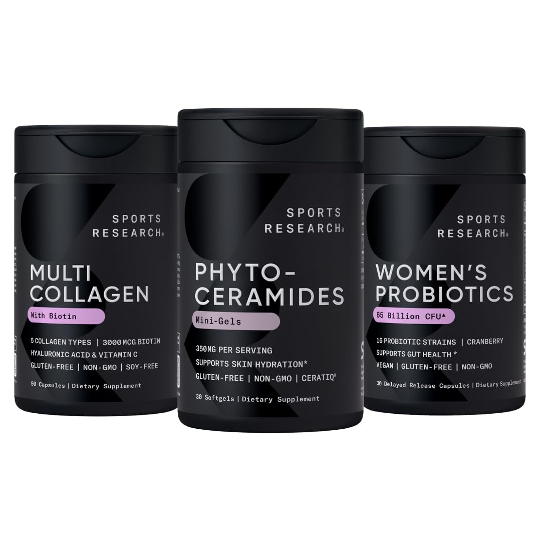 Sports Research® Supplements for Women Pack - Phytoceramides 350mg for Healthy Skin and Hydration + Biotin-Infused Collagen Peptides Complex + Women's Probiotic