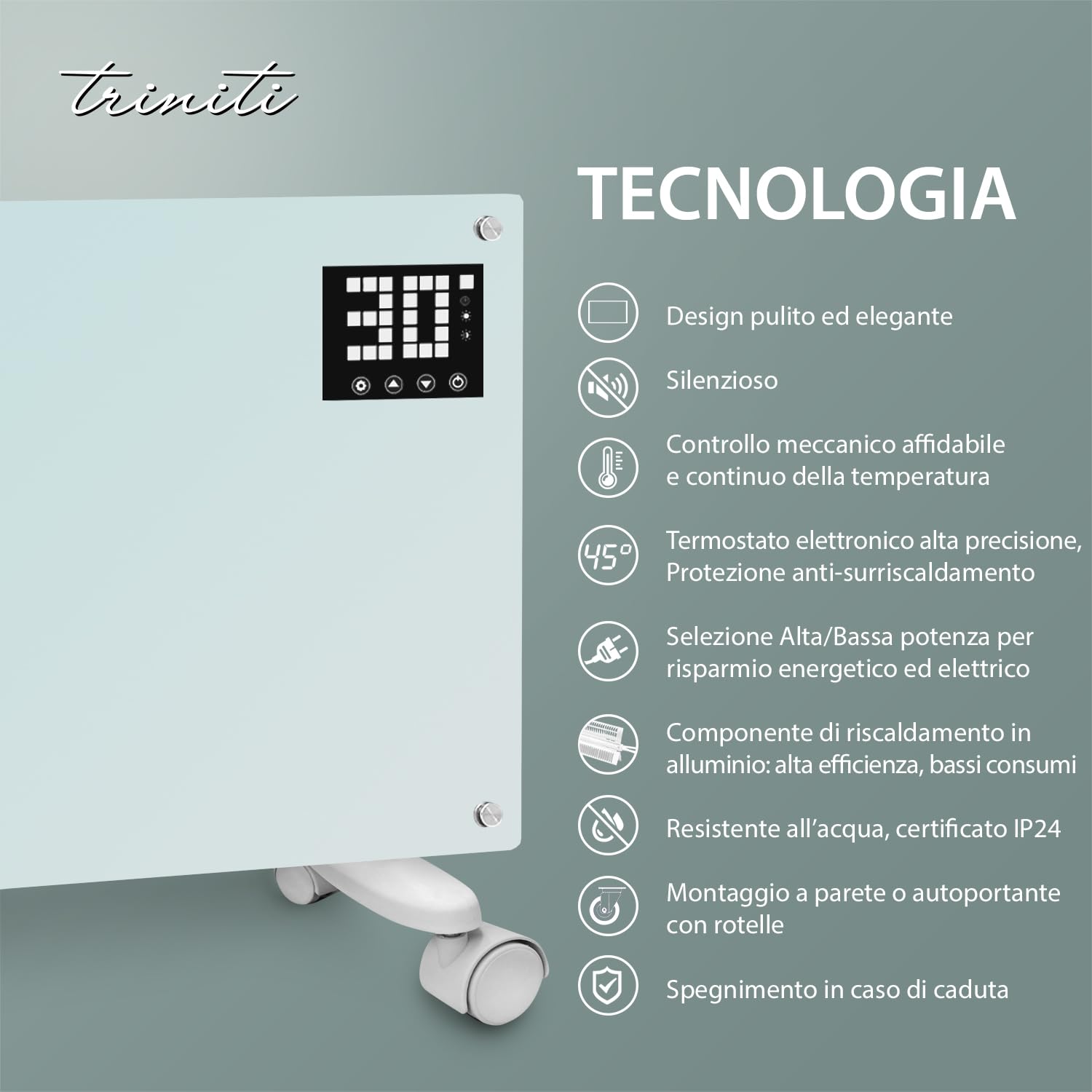 TRINITI Stufa Elettrica Basso Consumo Termostato, Potenza Regolabile, Elegante VETRO TEMPERATO, Display LED, imer, Silenzioso, Sistema Protezione Sicurezza Multiplo, Ruote + Montaggio a Parete, WHITE