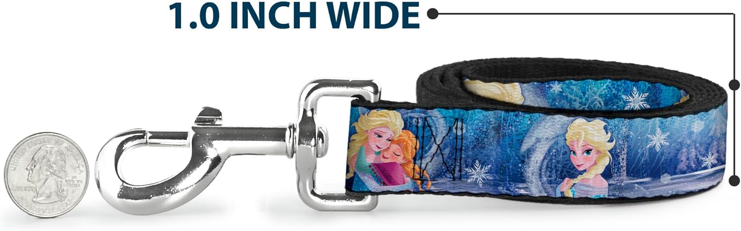 Buckle-Down Pet Leash - Frozen Elsa the Snow Queen Poses/Snowflakes - 4 Feet Long - 1.5" Wide