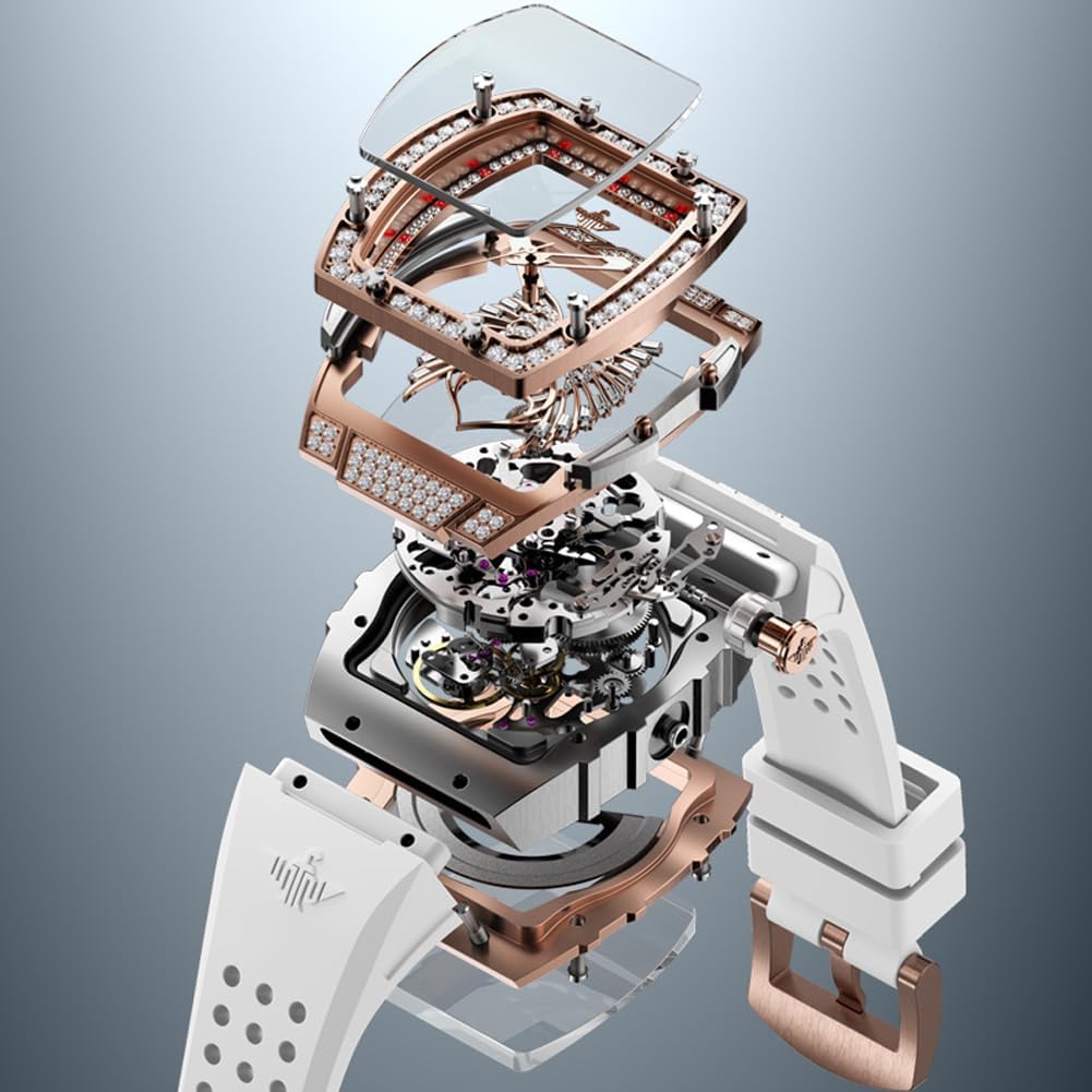 OUPINKE Automatic Watches for Women Fashion Hollow Skeleton Squre Womens Watches Diamonds Rose Gold Waterproof Luminous Mechanical Ladies Watches Red White Soft Silicone Strap - Image 3