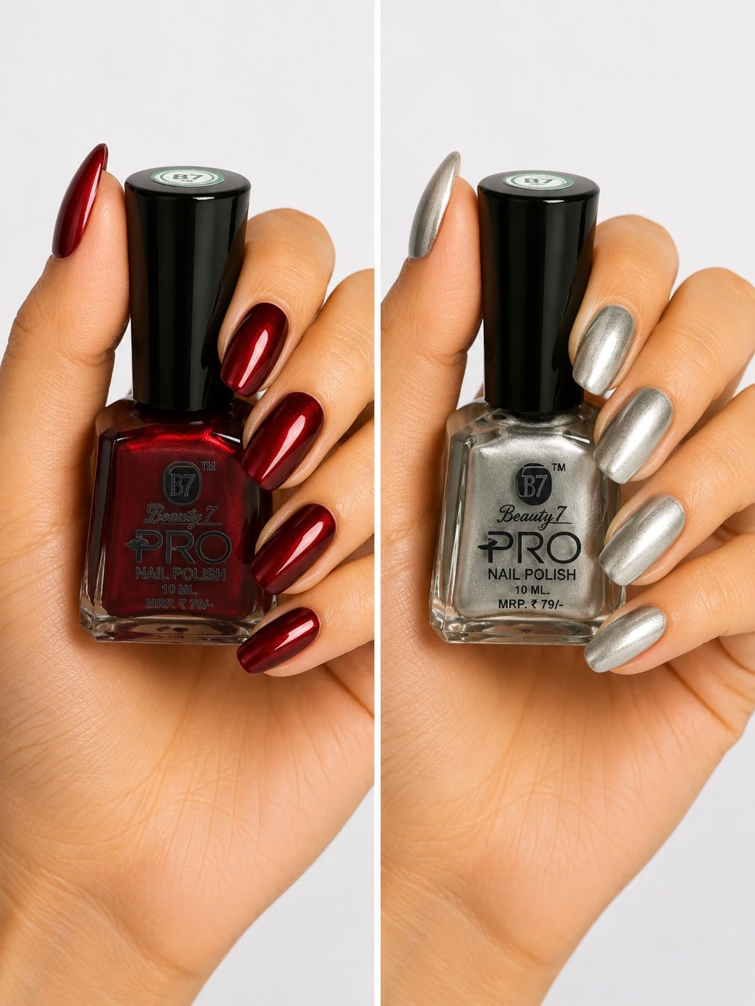 Beauty 7 PRO Nail Polish Combo Pack of 2 (10ml Each) | Maroon Nail Polish & Silver Top Coat | High Gloss Finish | Quick Dry | Long Lasting & Chip Resistant Nail Paint for Women-image-20