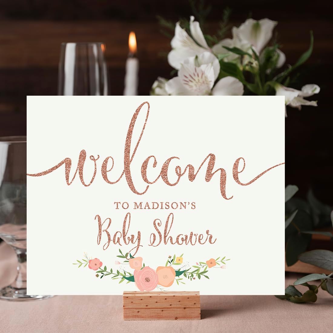 Andaz Press Personalized Baby Shower Party Signs, Faux Rose Gold Glitter with Florals, 8.5x11-inch, Welcome to Madison's Baby Shower Sign, 1-Pack, Colored Decorations, Custom Made Any Name