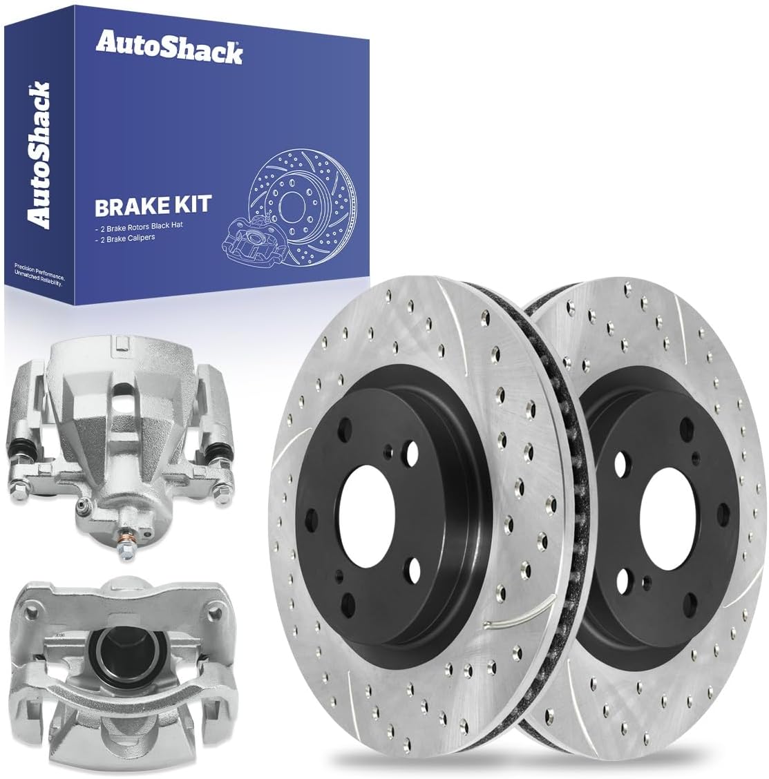 AutoShack Front Brake Rotors & Calipers for Toyota & Lexus, Camry 2007-2017 ES350 2007-2012, 2016-2018, FWD L4 2.4L 2.5L V6 3.5L - E-Coated Drilled & Slotted - ShadowGuard - 11.65" (296 mm), 5-Lug
