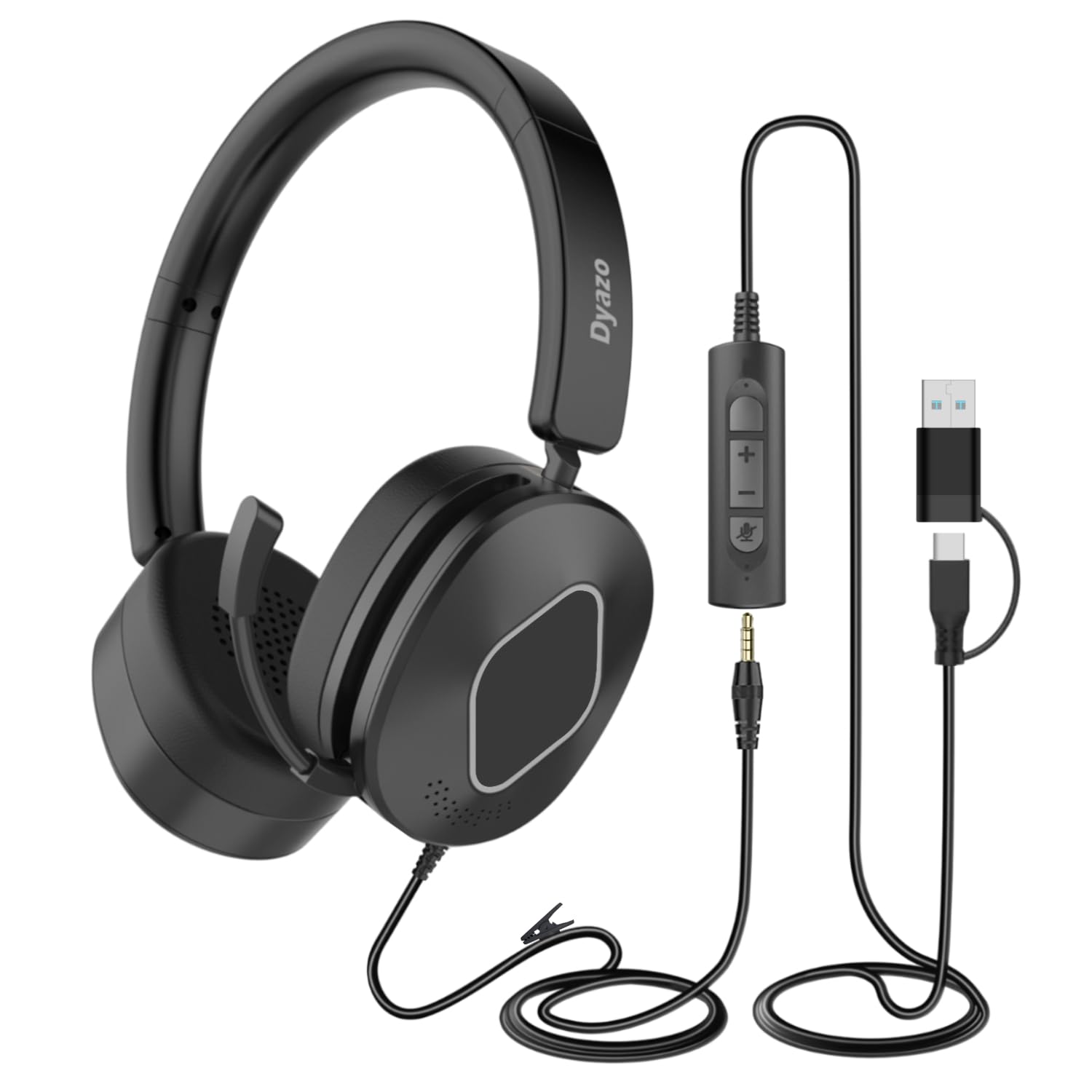 Dyazo Wired Headset with Microphone | Active & Environmental Noise Cancellation | 3-in-1 USB, Type-C & 3.5mm Connectivity | in-Line Controls | On-Ear Headphones for PC, Mobile Phone & Laptop (Black)-image-20