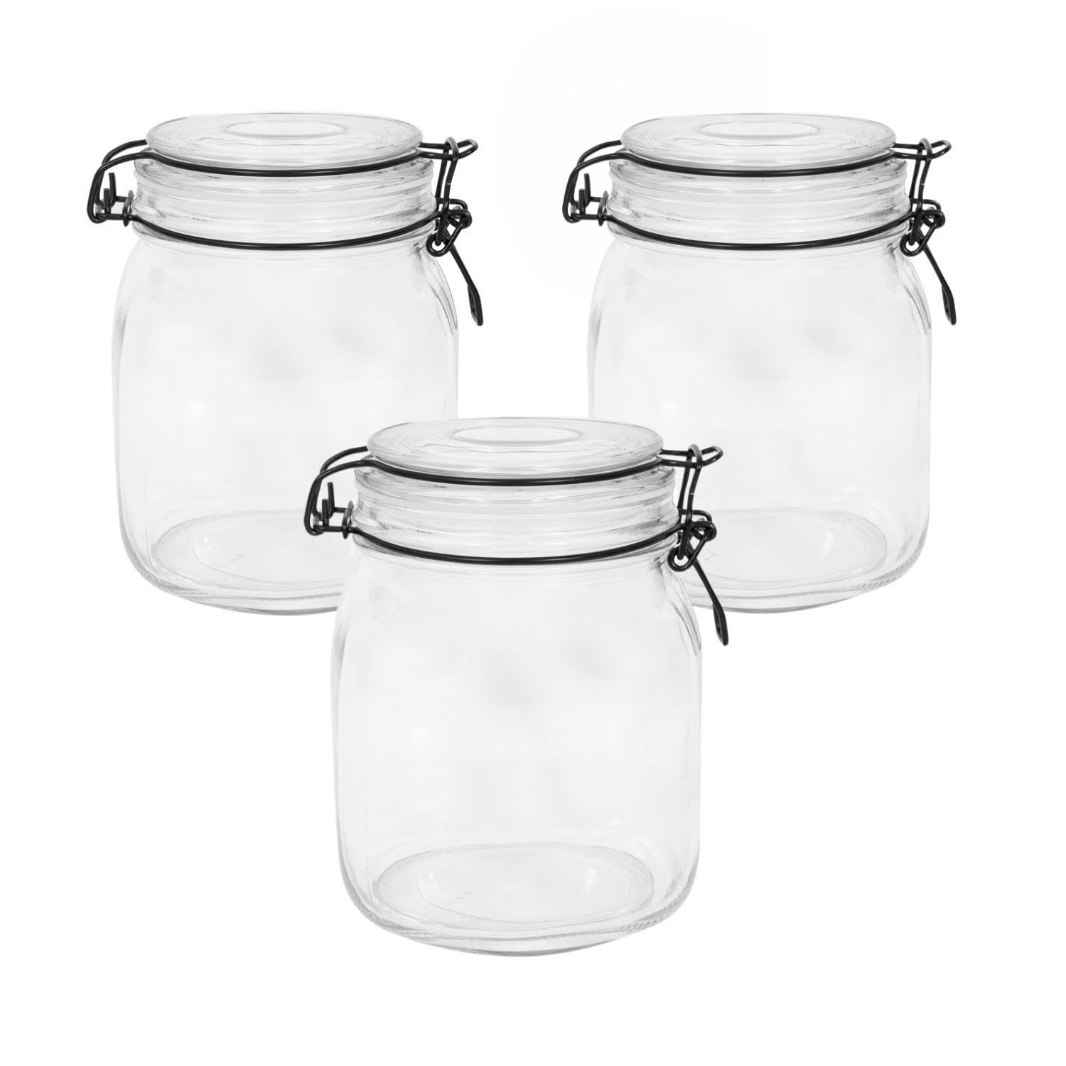 Yöl Black Glass Storage Jars With Lids 1L - Set Of 3 | Clip Top Airtight Glass Storage | Perfect For Coffee, Tea, Pasta, Cereal, Biscuits & Dry Food | Clear Kitchen Organiser | Preserving & Spice Containers