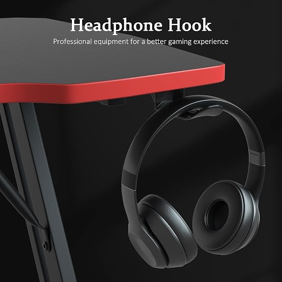 Gaming Desk, Computer Desk with Carbon Fiber Surface, Z Shaped Gaming Table PC Gaming Workstation Home Office Desks with Headphone Hook (39 inch, Red)