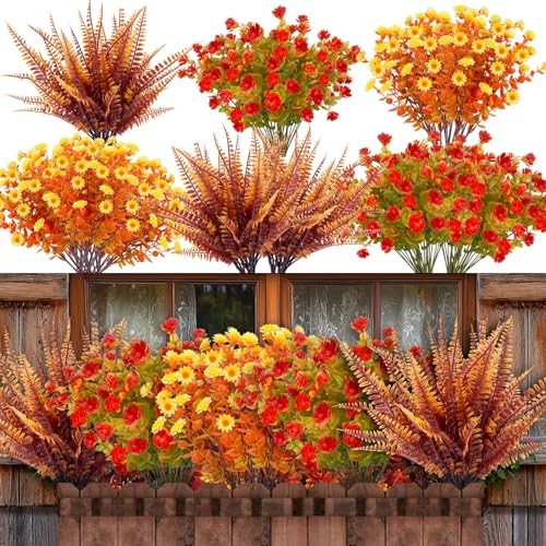 20 Bundles Artificial Fall Flowers for Outdoors Fall Thanksgiving Decorations - UV Resistant Fake Mums Faux Fall Plants Plastic Flowers for Gardens Porch Fireplace Patio Home Indoor Autumn Fall Decor