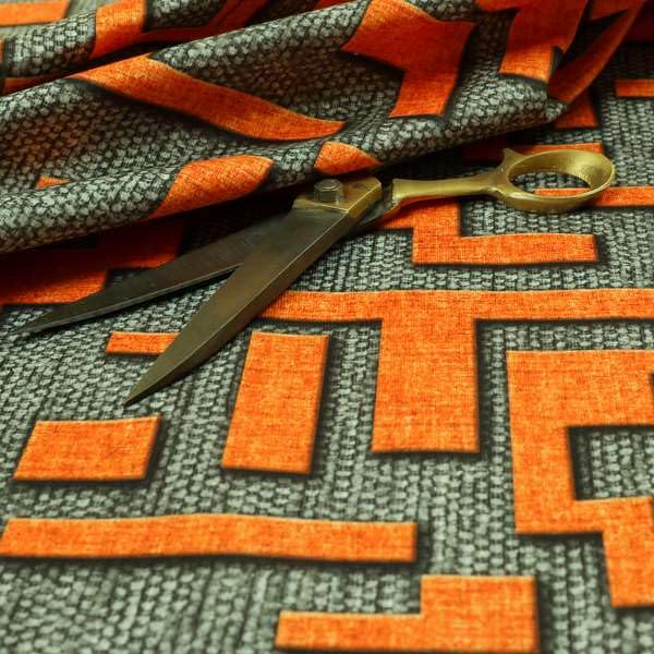 Redbrick Mill Fabrics Flame Retardant Grey Background Orange Geometric Pattern Printed Velour Velvet Upholstery Fabric (Per Metre)