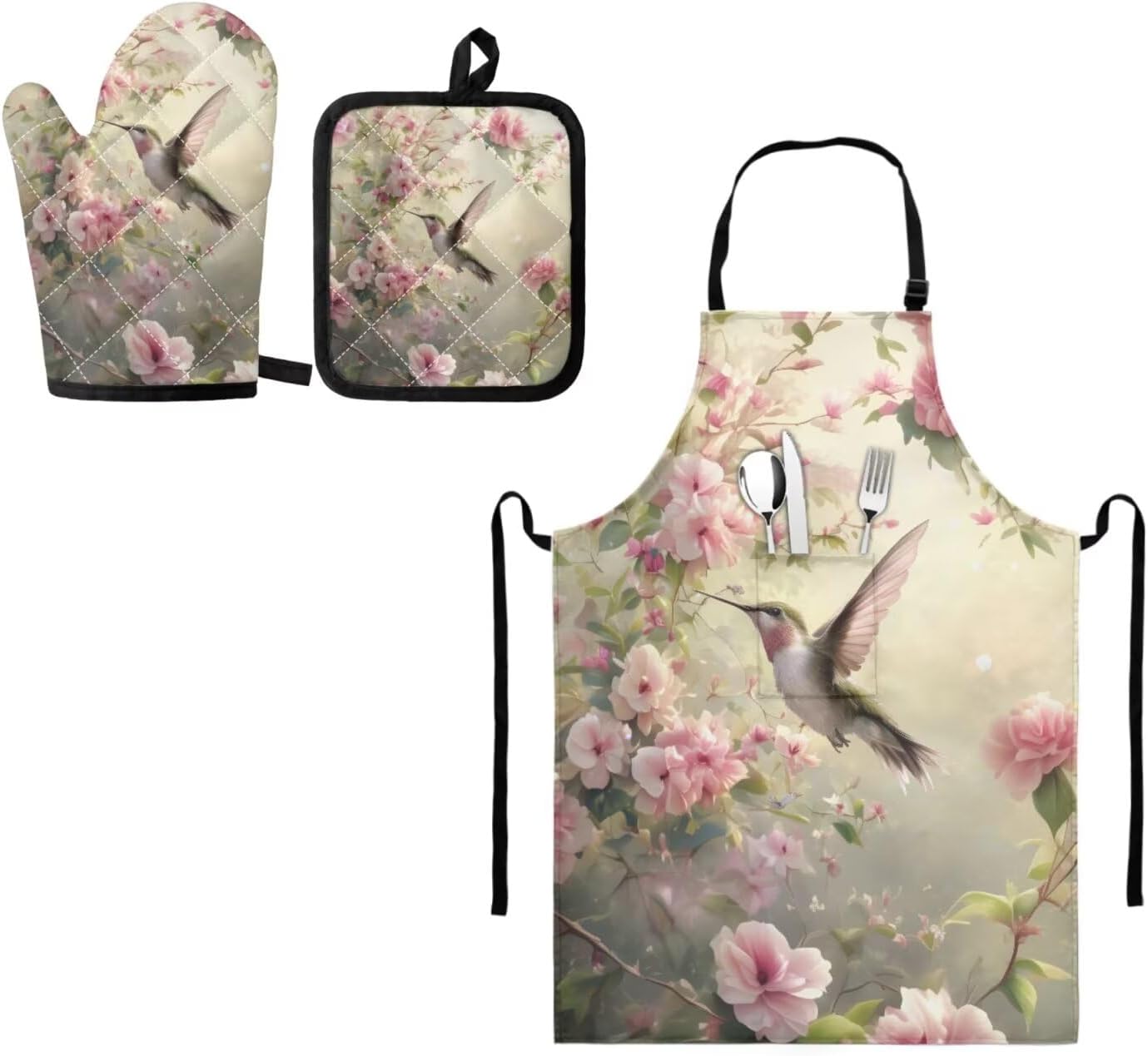 GLENLCWE Leopard Animal Black Print Kitchen Cooking 3 Set-Apron Oven Mitt Glove and Pot Holder,Great Gift