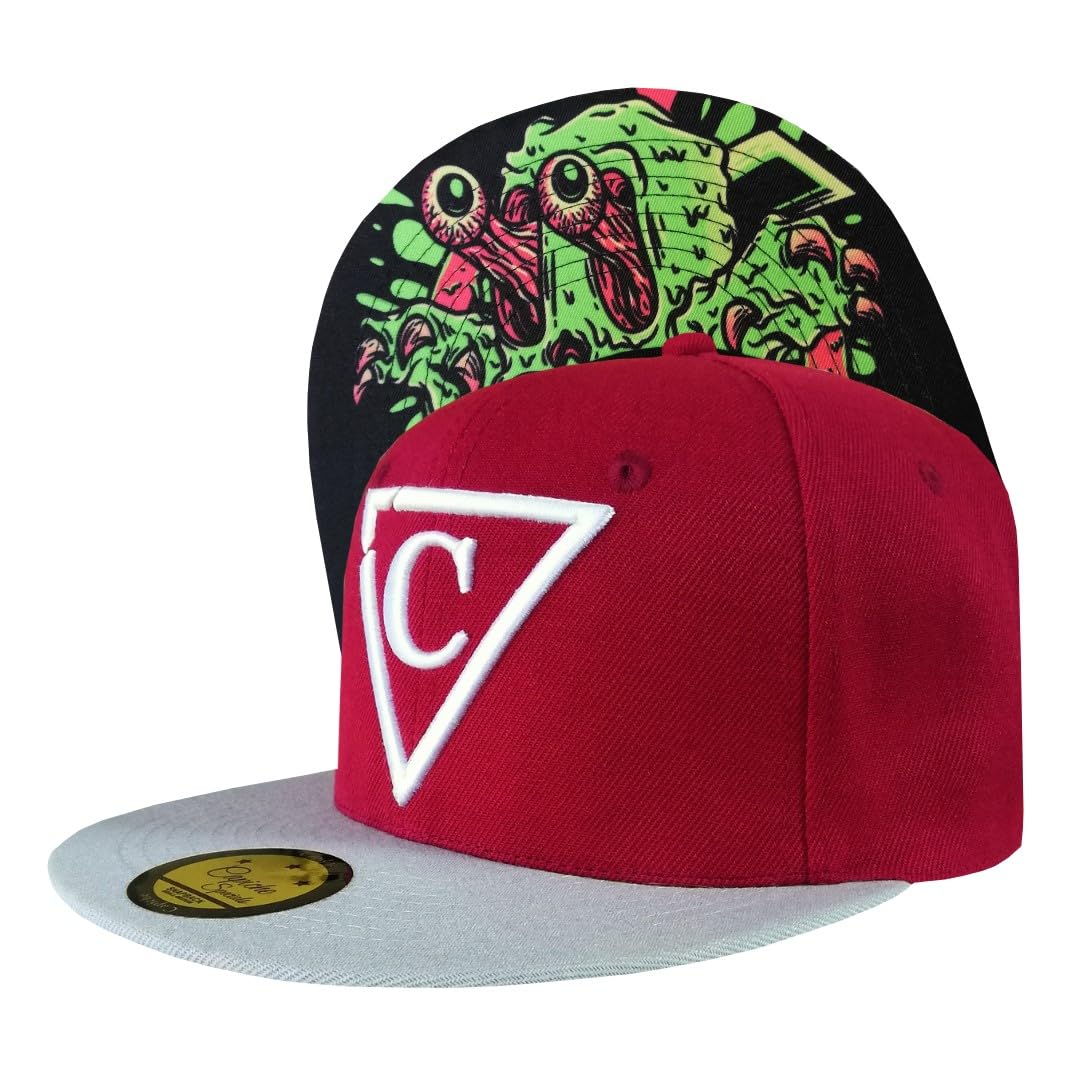 Capiche Men's [Special] Slimeyes [99+ Variations] Dark Red Snapback Hat For Slimeyes, & White Baseball Cap With Flit Brim, Slime Graphic Under Bill, Adjustable Closure, Green Monster