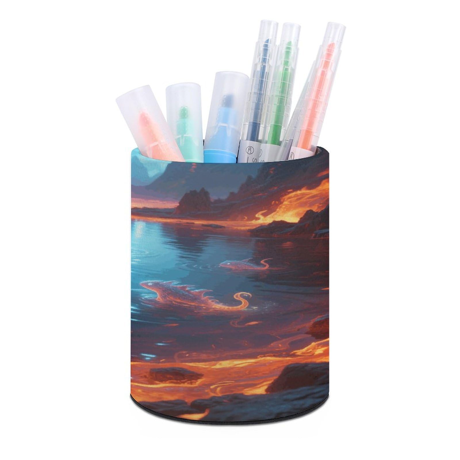 VstaDank Magic Lava Lake Round Pencil Holder PU Leather Desk Organizer Brush Decoration Holder for Office Desk Home (3.1" x 3.9")