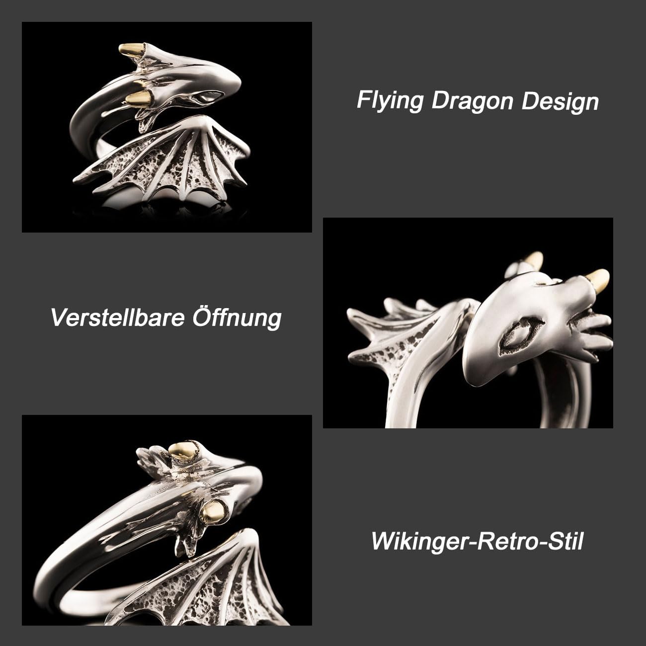 Bague Viking pour homme, ouverture réglable, design dragon volant, bijoux rétro punk hip hop gothique unisexe vintage, cadeau d'anniversaire/Noël pour hommes, garçons et femmes