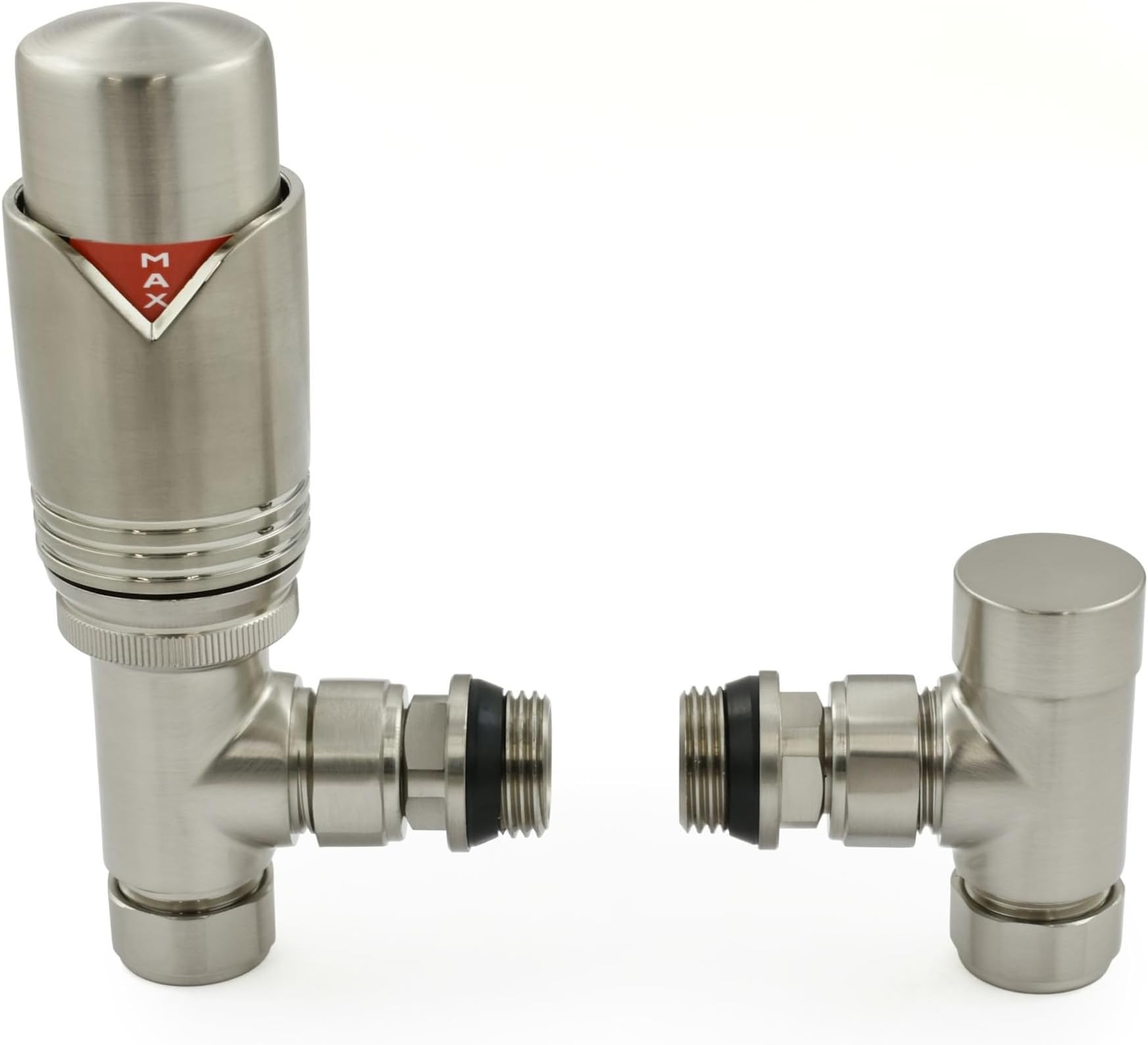 Thermostatic Radiator Valves Set - Realm Angled TRV Satin Brushed Nickel - 15mm