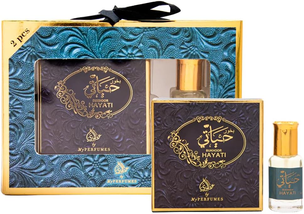 HAYATI from Otoori 2 Pieces Non Alcoholic Halal Gift Set - 40 g Bakhoor and 6 ml Perfume Oil