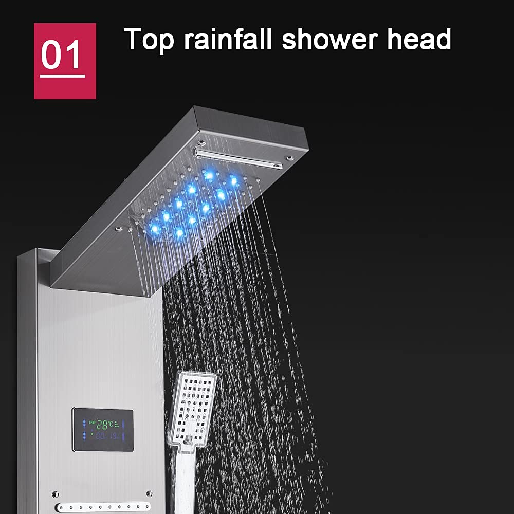 LED Colonna Doccia Idromassaggio Pannello Doccia Set in 304 Acciaio Inox con Miscelatore da Massaggi, Soffione Fisso, Doccetta e Bocca Vasca 5 Funzioni per Bagno