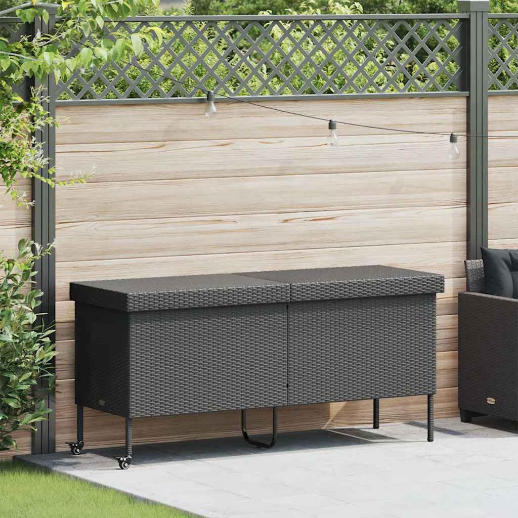 Skrzynia ogrodowa na kółkach, czarna, 160 x 55 x 75 cm, polirattan, skrzynia ogrodowa, skrzynia na poduszki, na taras, balkon, do przechowywania, przechowywania w sposób odporny na warunki