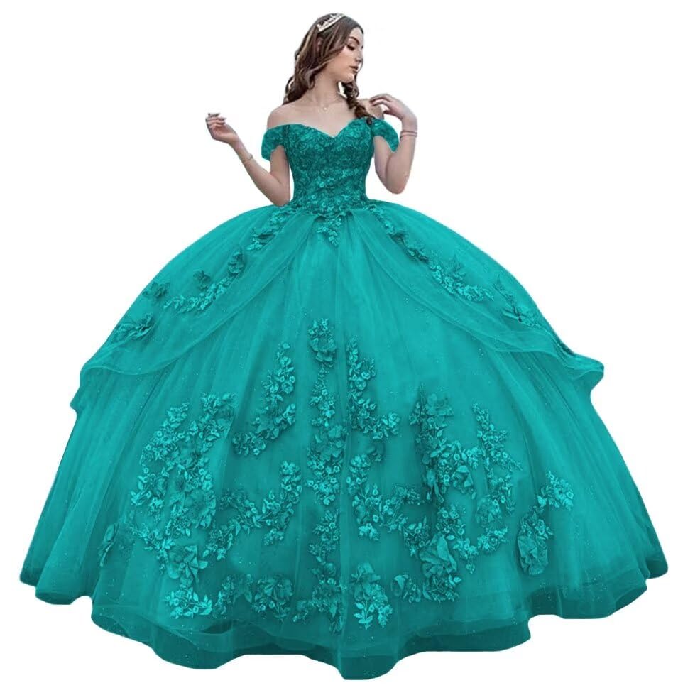 Mauuwy 3D Floral Quinceanera Dresses Ball Gown Puffy Sparkly Tulle Sweet 16 Dresses Off Shoulder Lace Princess Dress Y120