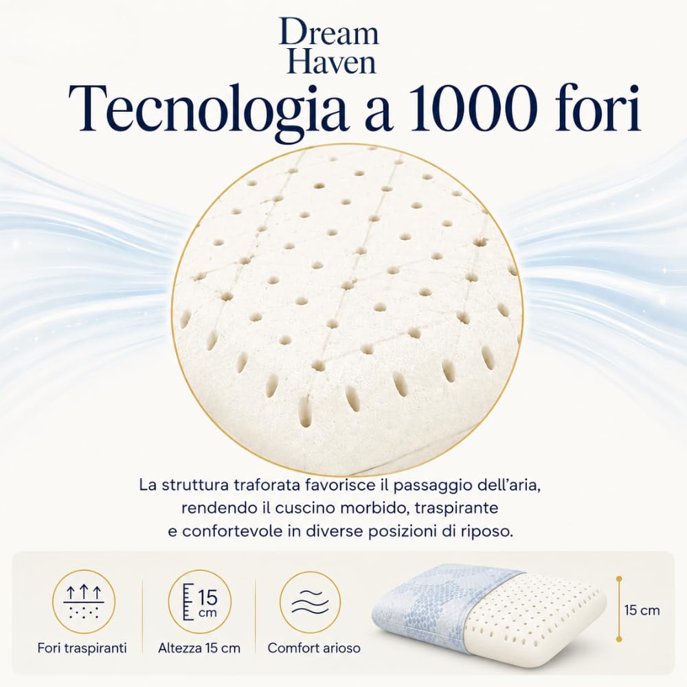 DREAM HAVEN Coussin de 15 cm de haut, coussin à mémoire de forme, perforé avec taie d'oxygène, respirant, anti-acariens, anti-rides et hypoallergénique, coussin de lit ergonomique fabriqué en Italie