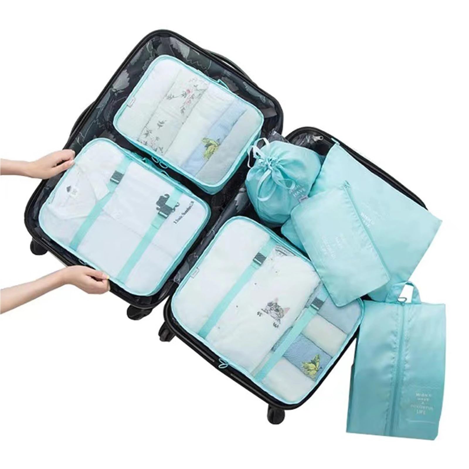 Set da 7 cubi viaggio, borsa portaoggetti portatile in rete, organizer for biancheria intima e vestiti con for scarpe Organizer per valigie(Pink)