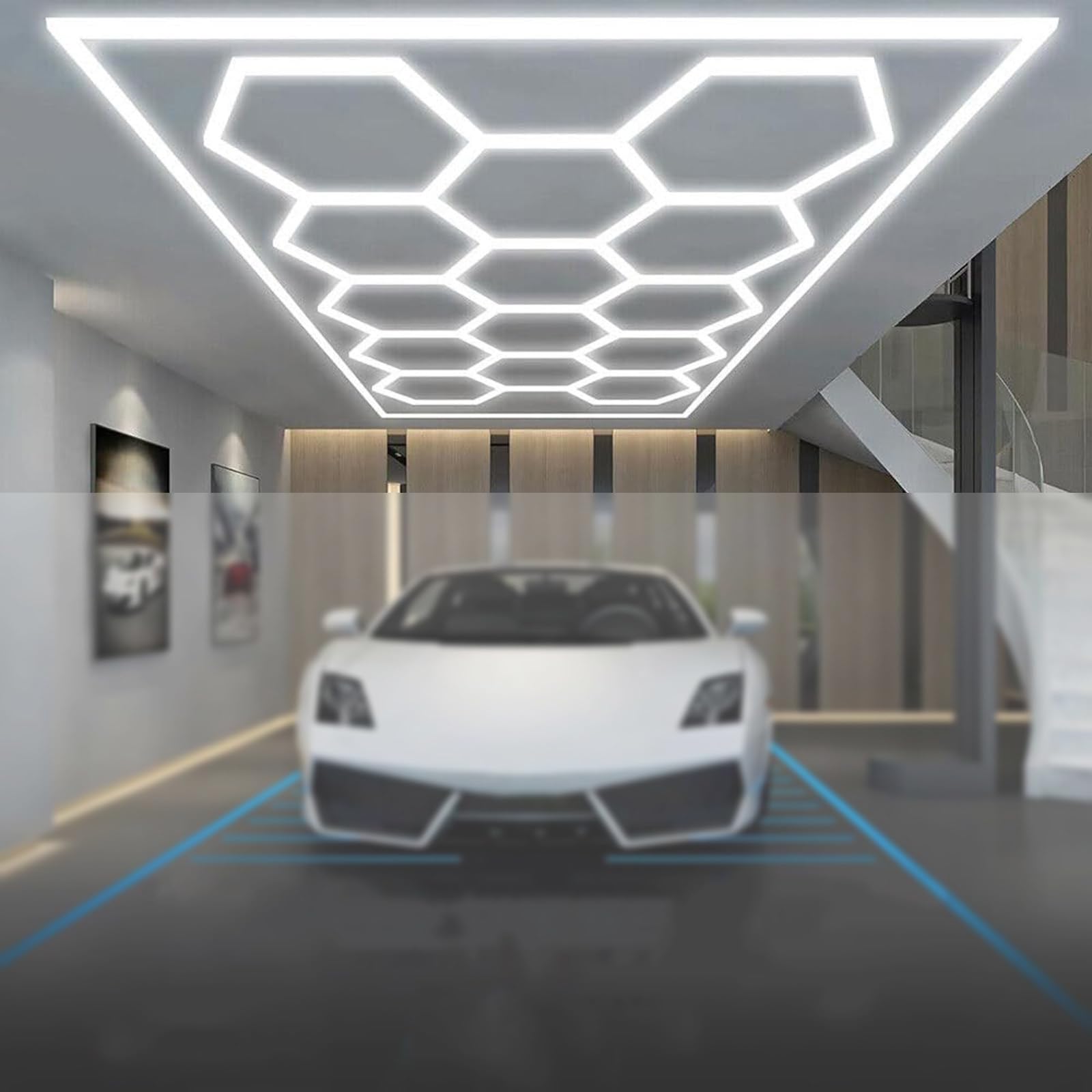 672W 14 Hexagon LED Garage Light 6500K Honeycomb LED Lights High Brightness Auto Beauty Shop Warehouse Gym Workshop